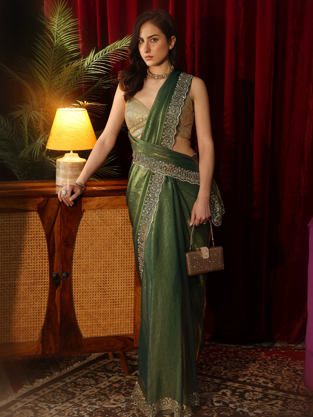  Green Tissue Saree with Embellished Border 