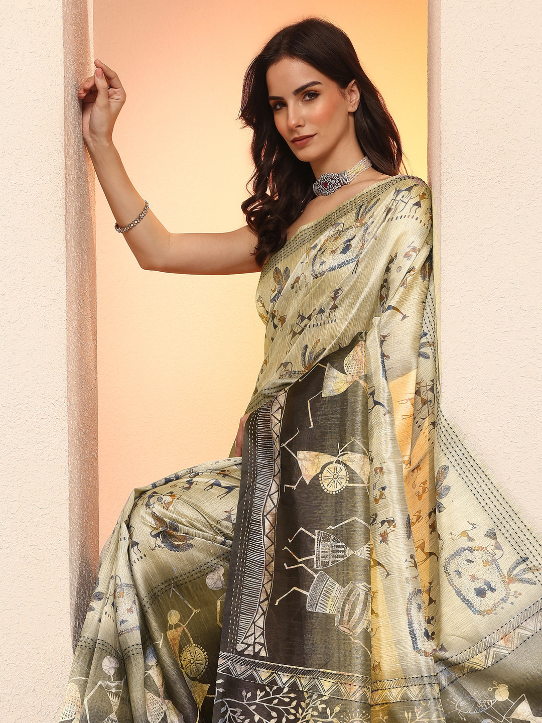 Green Tribal Printed Sarees With Unstitched Blouse Piece