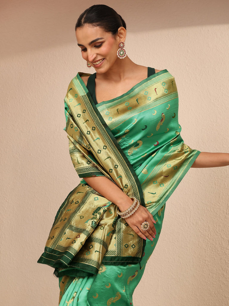 Libas Green Woven Design Silk Blend Banarasi Saree With Unstitched Blouse Piece