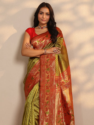 Green Woven Design Silk Blend Saree With Unstitched Blouse Piece