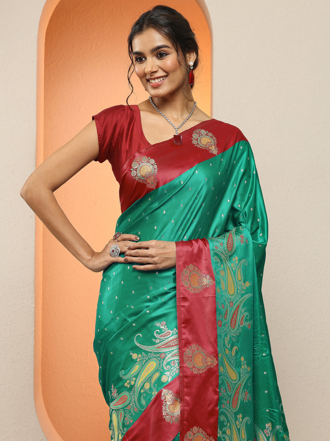  Green Woven Design Silk Blend Sarees With Unstitched Blouse Piece 