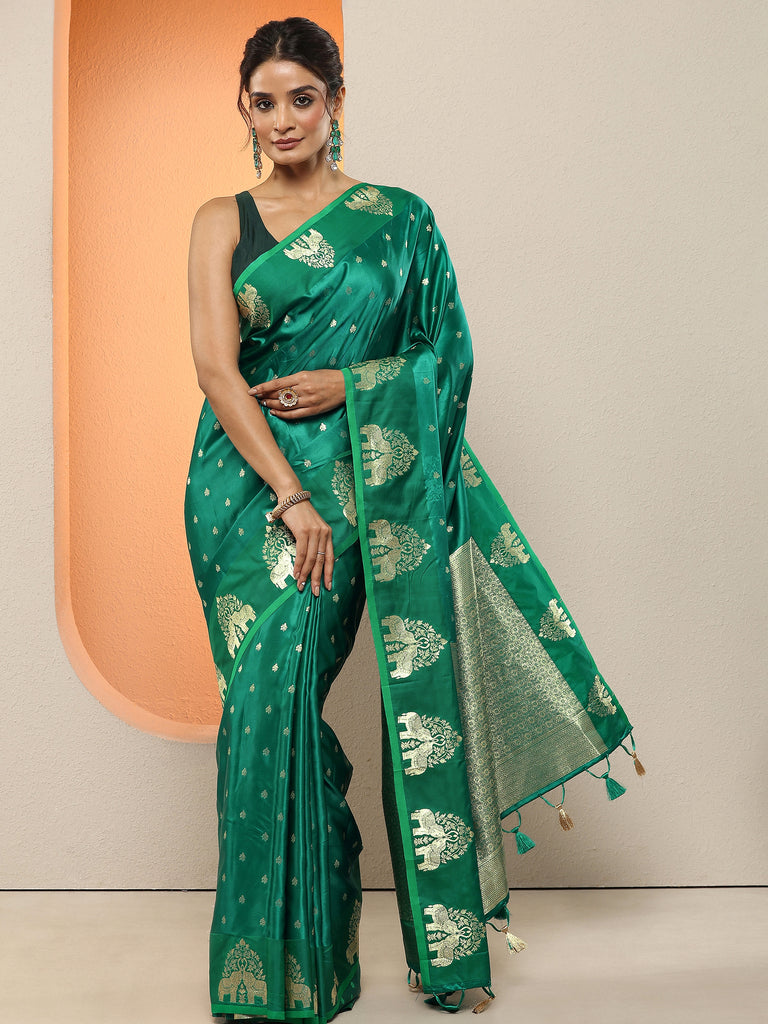 Libas Green Woven Design Silk Blend Sarees With Unstitched Blouse Piece