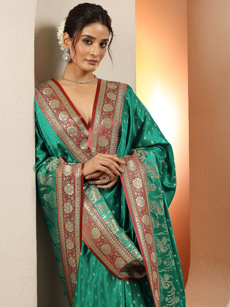 Libas Green Woven Design Silk Blend Sarees With Unstitched Blouse Piece