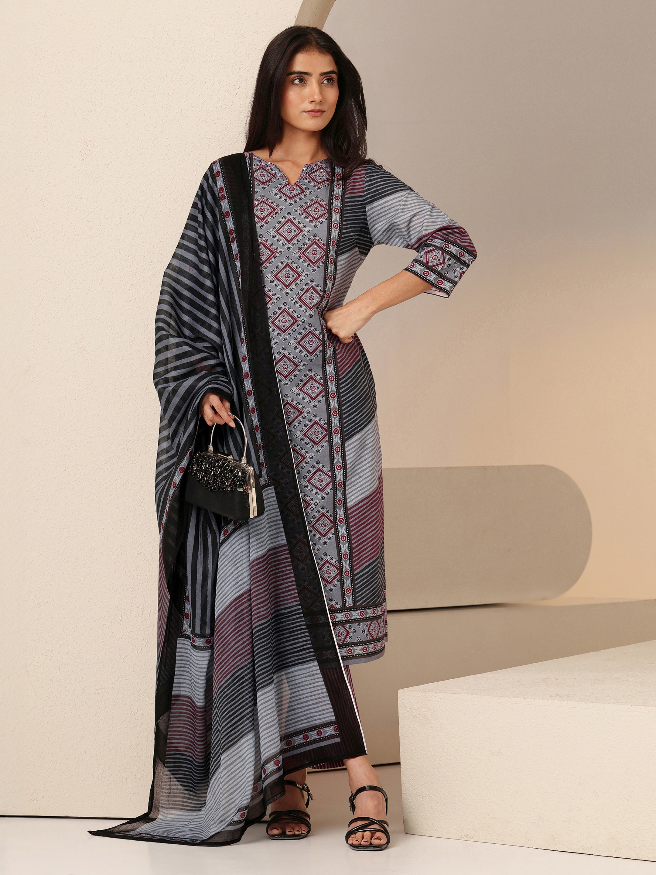 Libas Grey Ajrakh Print Straight Cotton Suit Set-picture-27