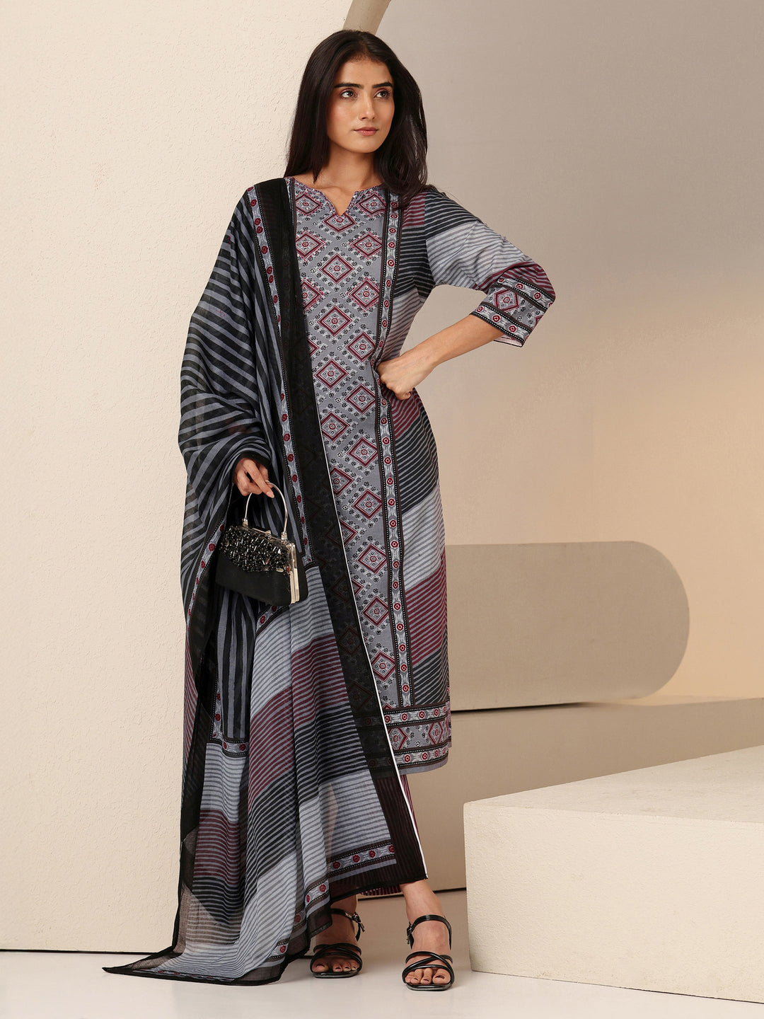  Grey Ajrakh Print Straight Cotton Suit Set 
