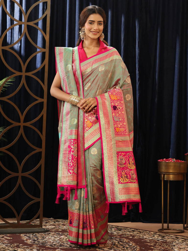 Libas Grey Baluchari Silk Blend Saree with Dupatta