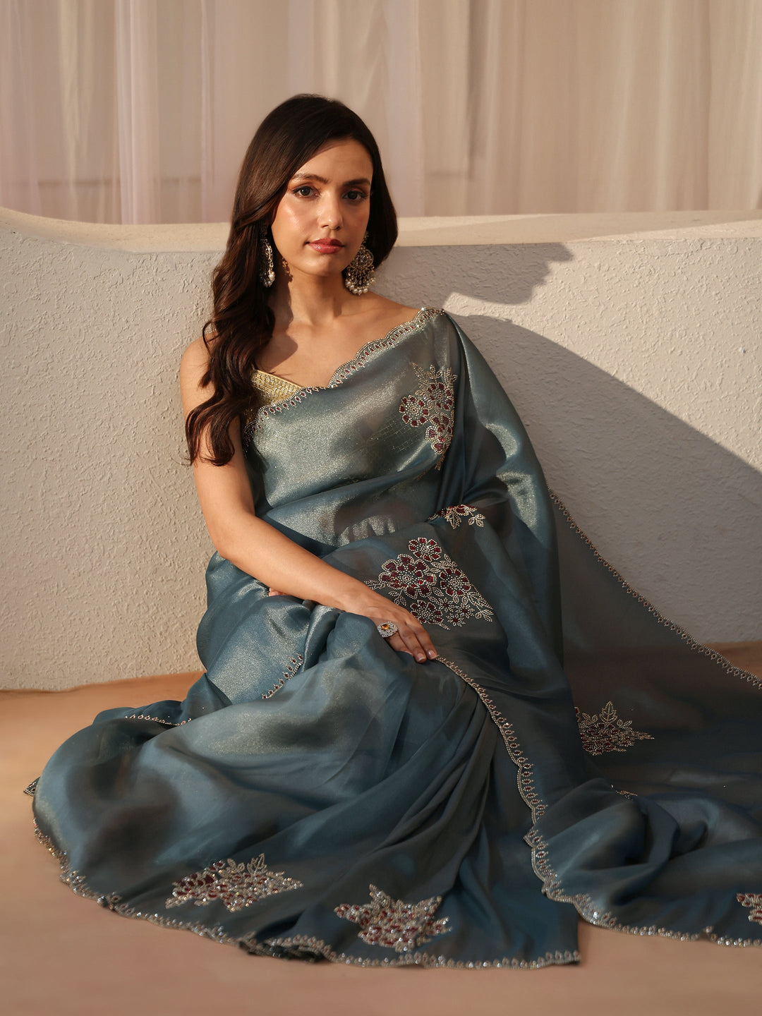  Grey Blue Floral Embellished Tissue Saree 