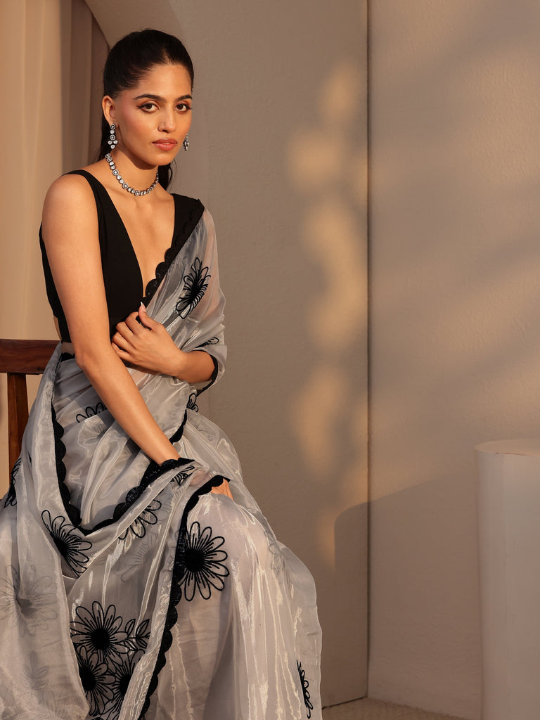 Libas Grey Floral Embroidered Tissue Saree