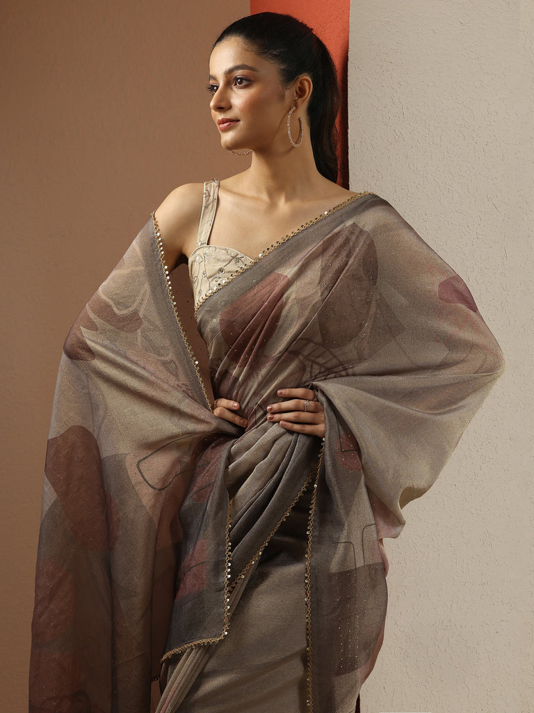 Libas Grey Geometric Printed Silk Blend Saree With Unstitched Blouse Piece