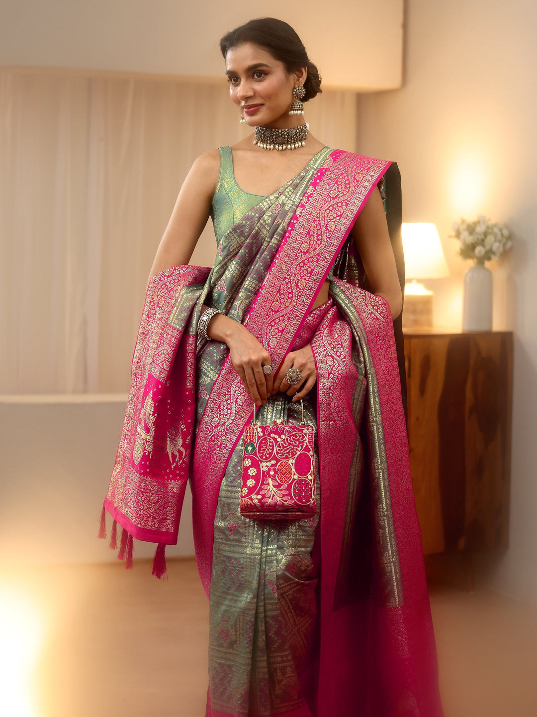  Grey Gharchola Silk Blend Saree 