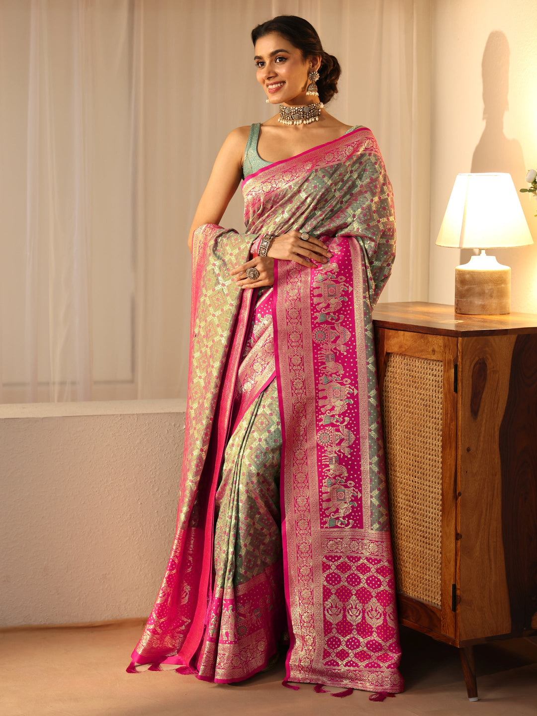  Grey Gharchola Silk Blend Saree 