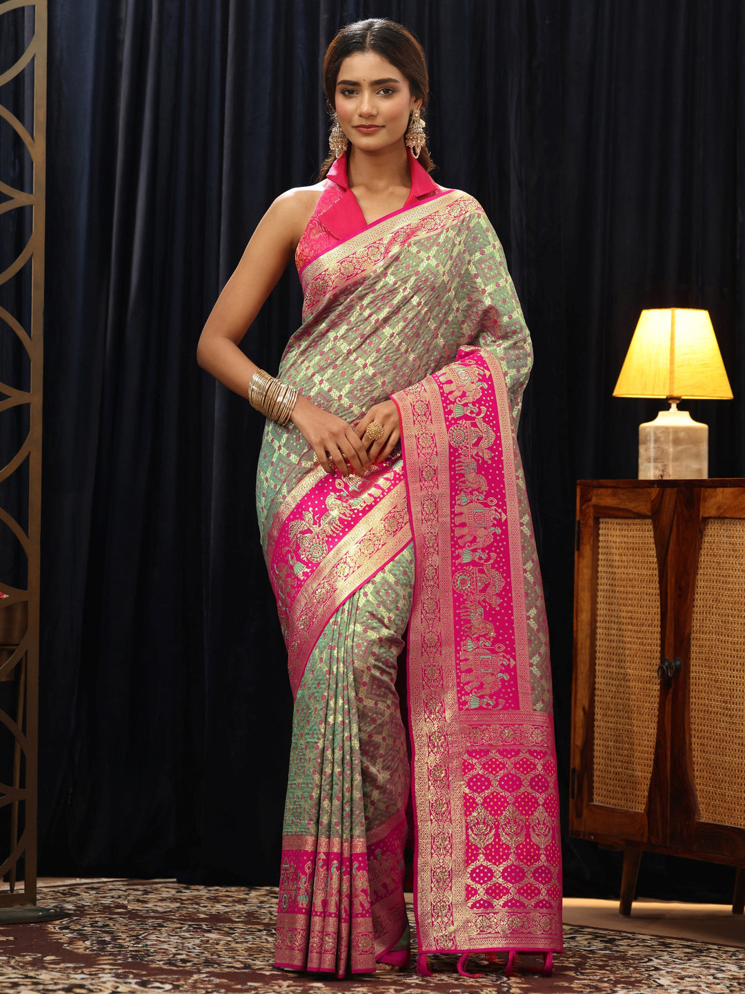  Grey Gharchola Silk Blend Saree 
