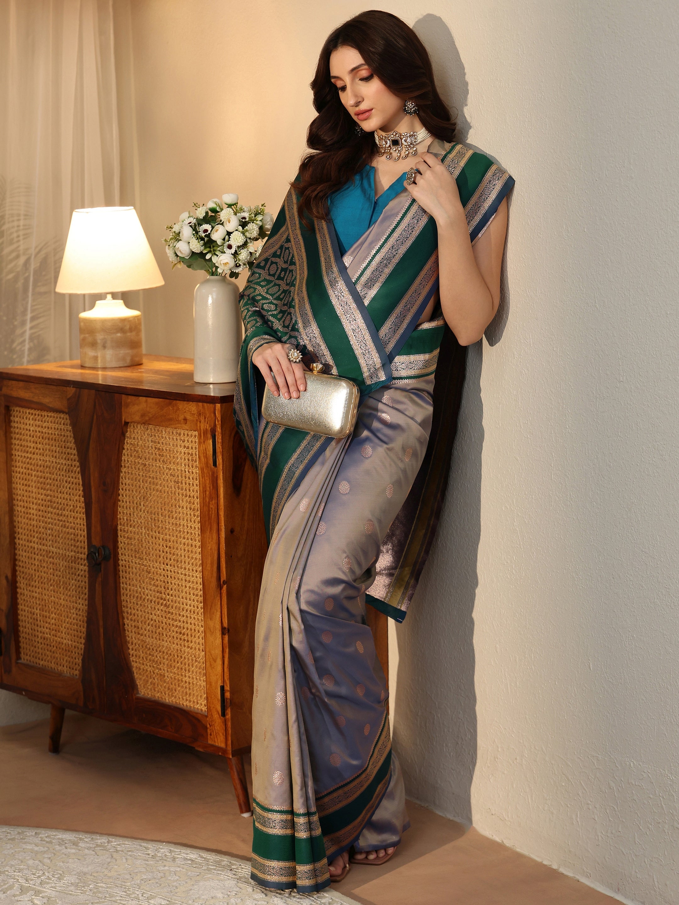 Grey Kanjeevaram Silk Blend Saree-image-38