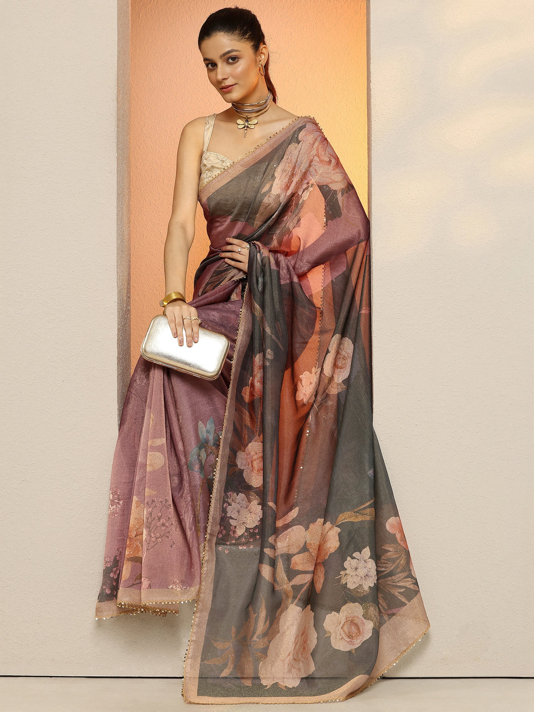 Grey Printed Silk Blend Saree With Unstitched Blouse Piece