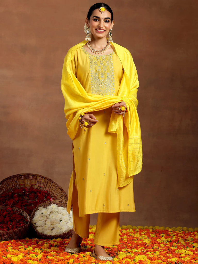 Gerua Yellow Yoke Design Silk Blend Straight Suit With Dupatta