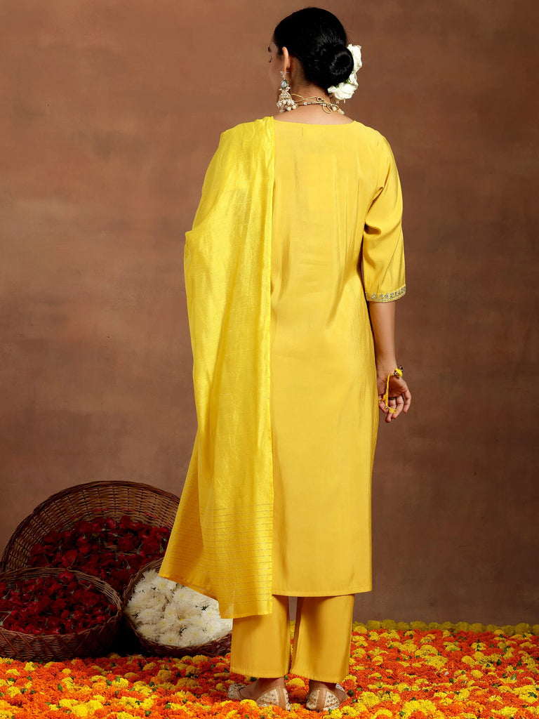 Buy Yellow Yoke Design Silk Blend Straight Suit With Dupatta