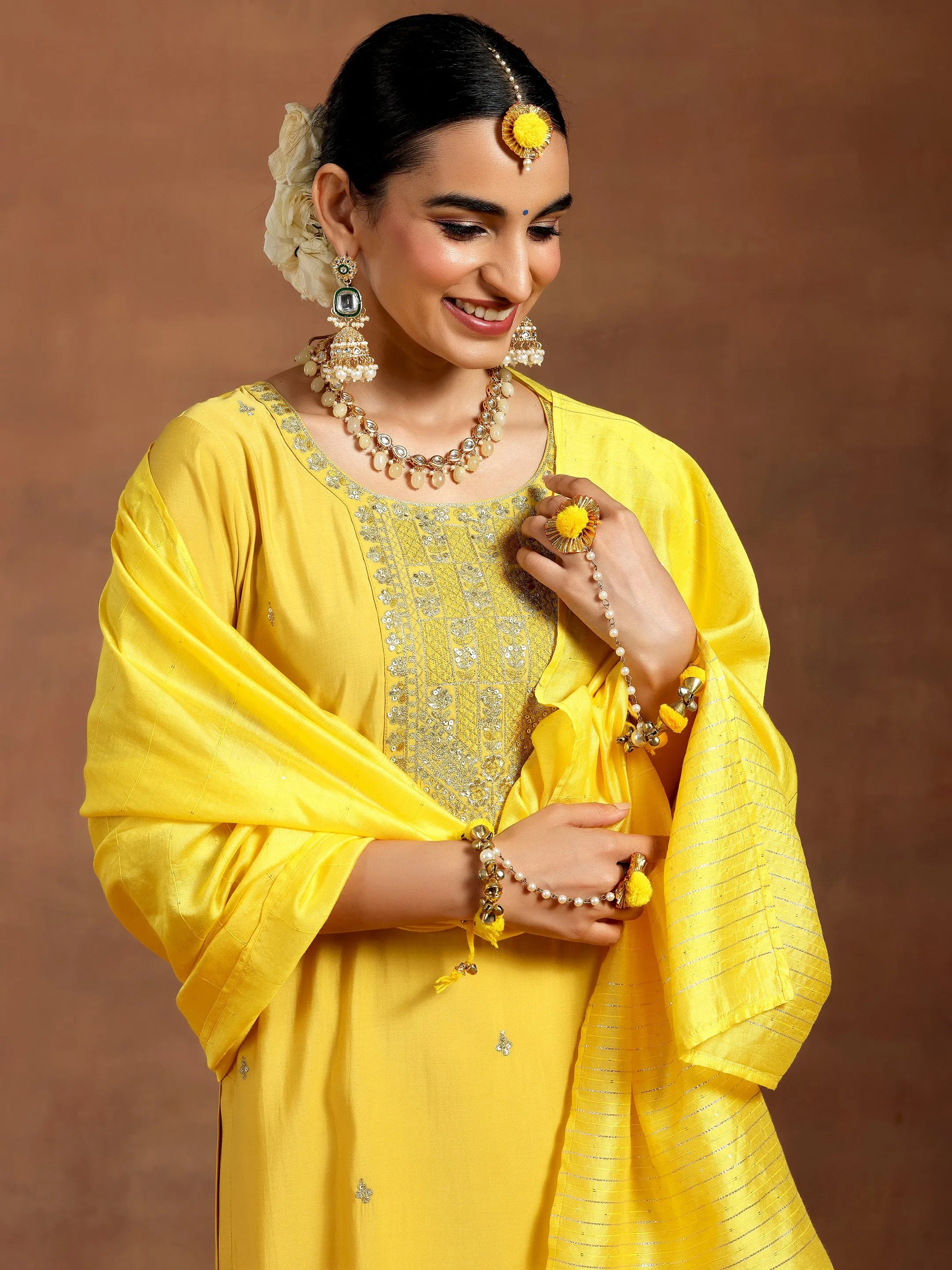 Buy Yellow Yoke Design Silk Blend Straight Suit With Dupatta
