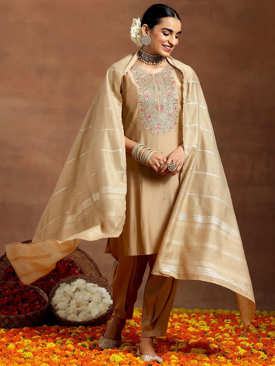  Beige Embroidered Silk Blend Straight Suit With Dupatta 