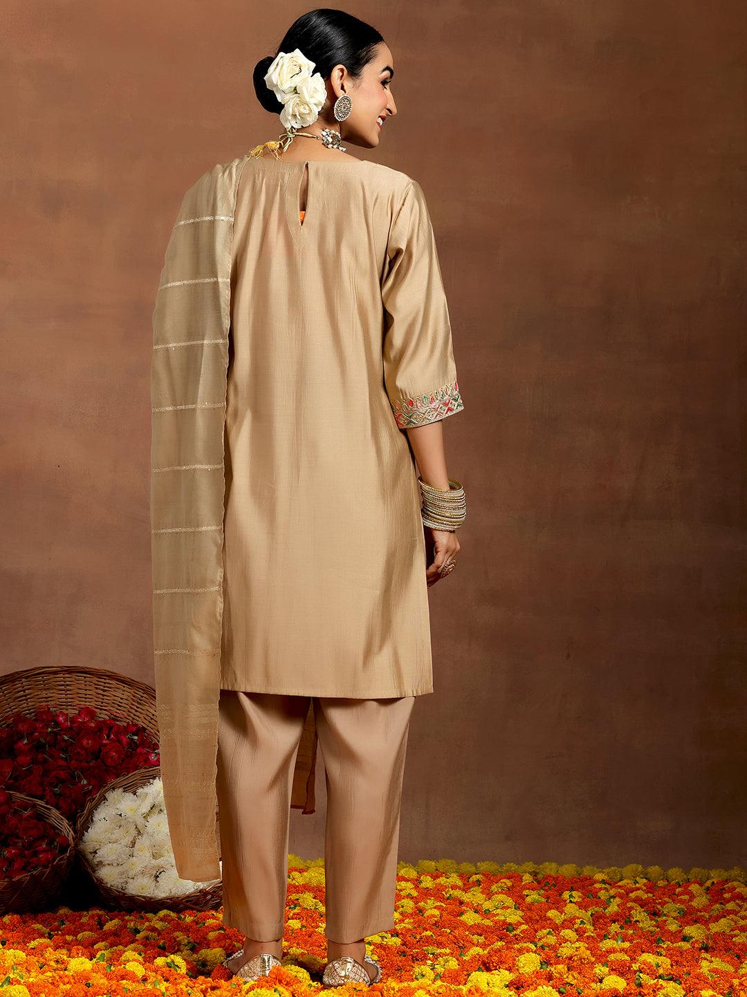  Beige Embroidered Silk Blend Straight Suit With Dupatta 