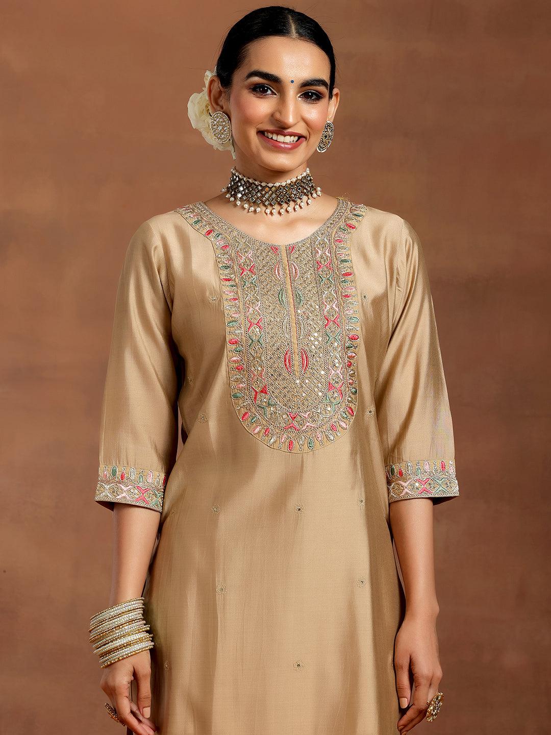  Beige Embroidered Silk Blend Straight Suit With Dupatta 