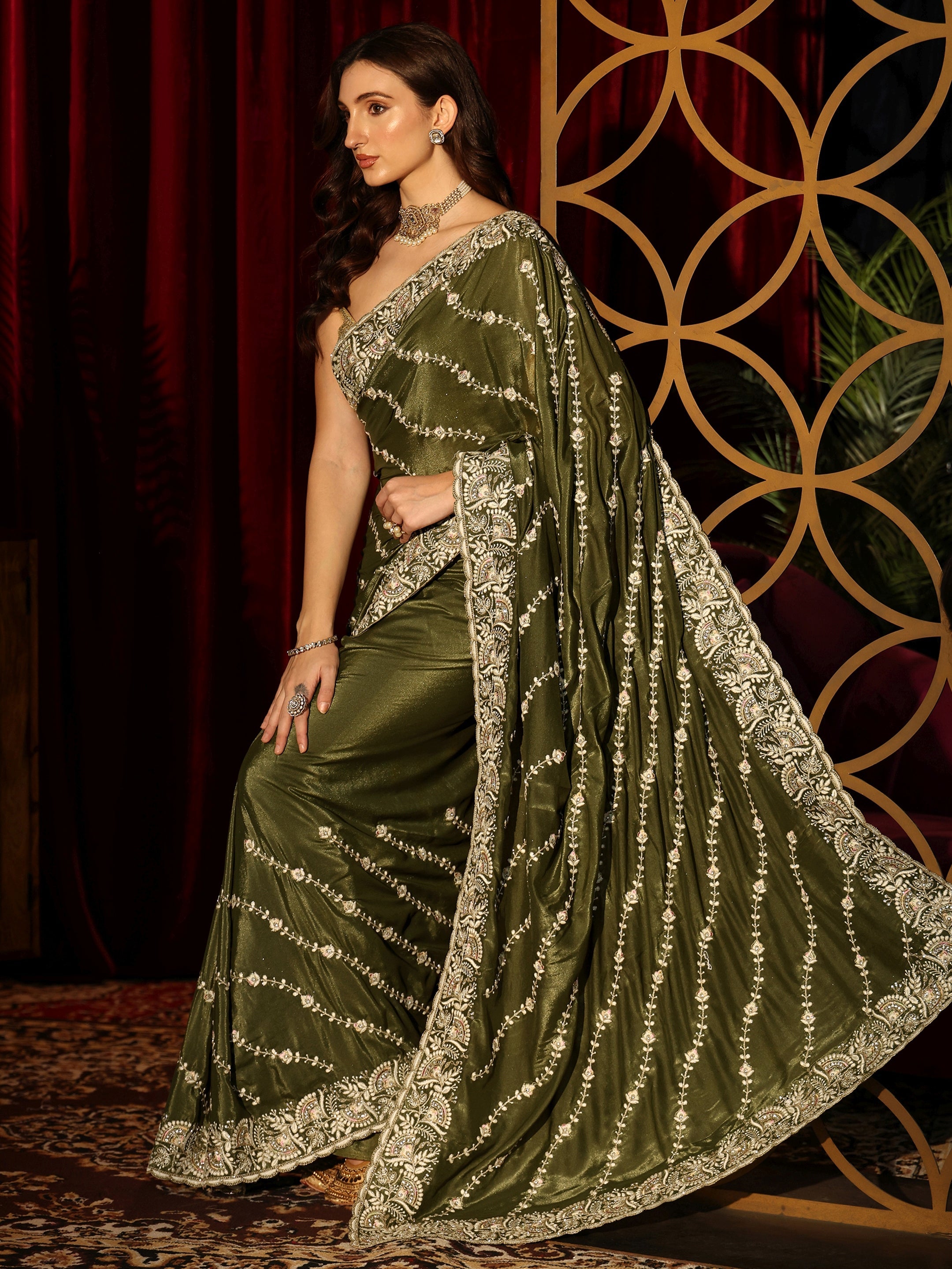 Libas Henna Green Floral Embroidered Satin Saree-picture-18