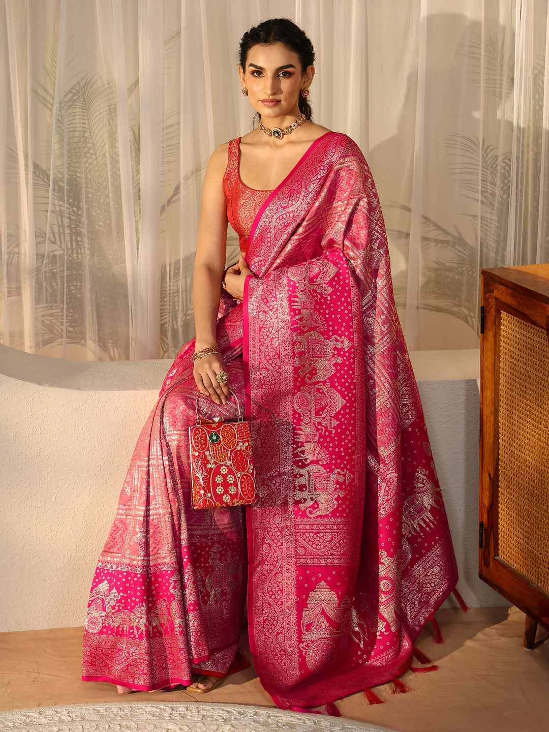  Hot Pink Gharchola Silk Blend Saree 