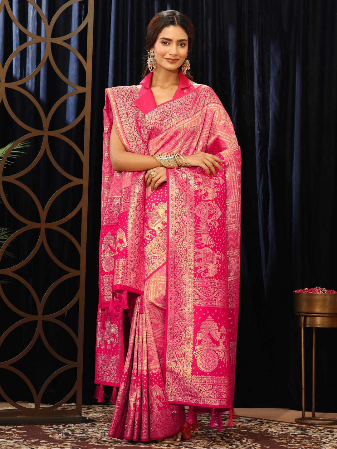  Hot Pink Gharchola Silk Blend Saree with Dupatta 