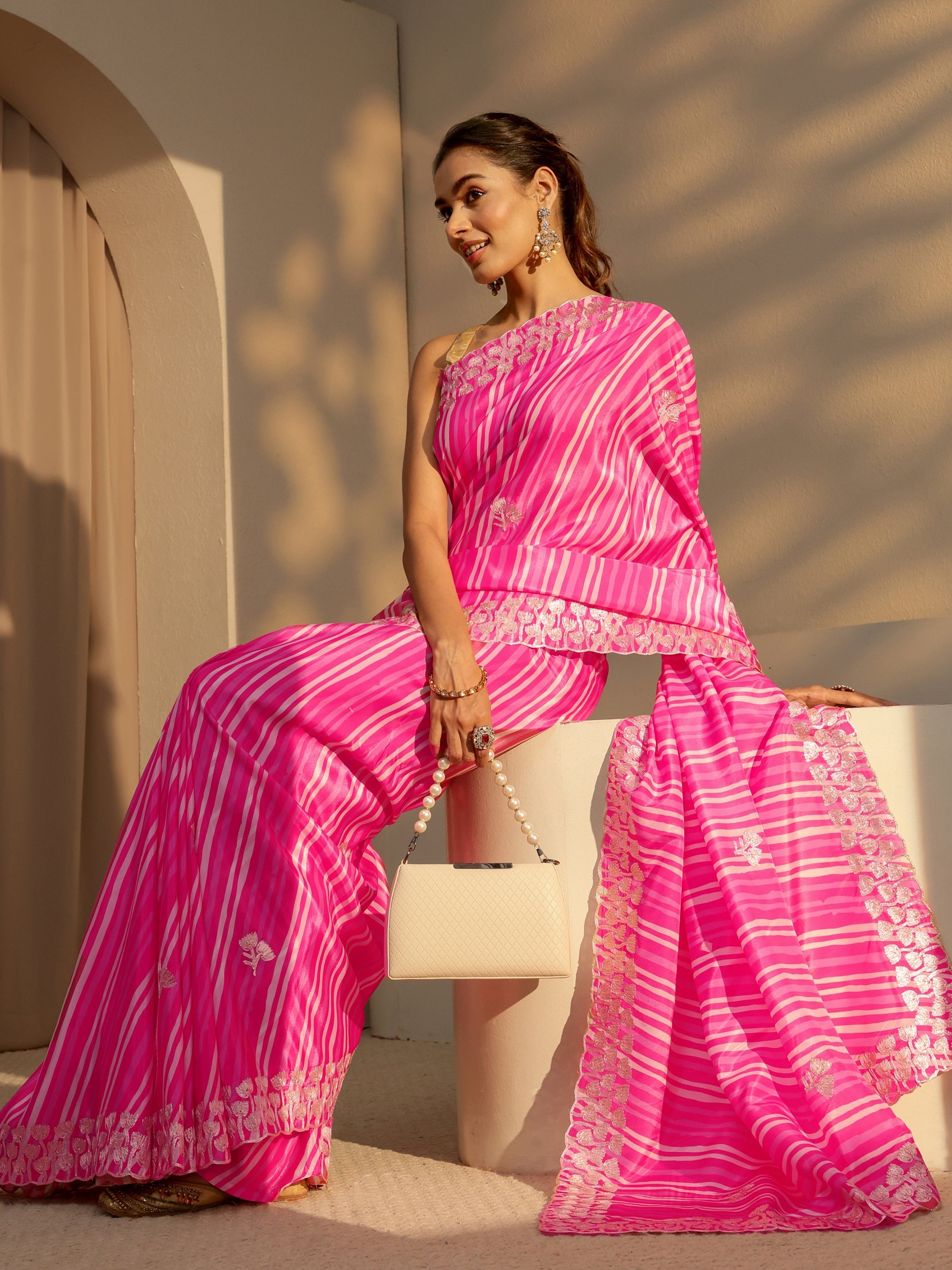 libas Hot Pink Leheriya Printed Satin Saree-picture-48