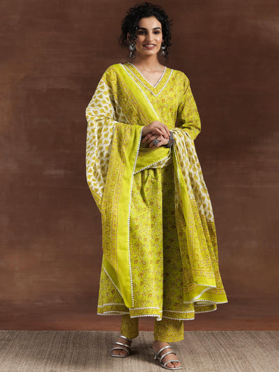 Green Printed Cotton Anarkali Suit With Dupatta - Libas