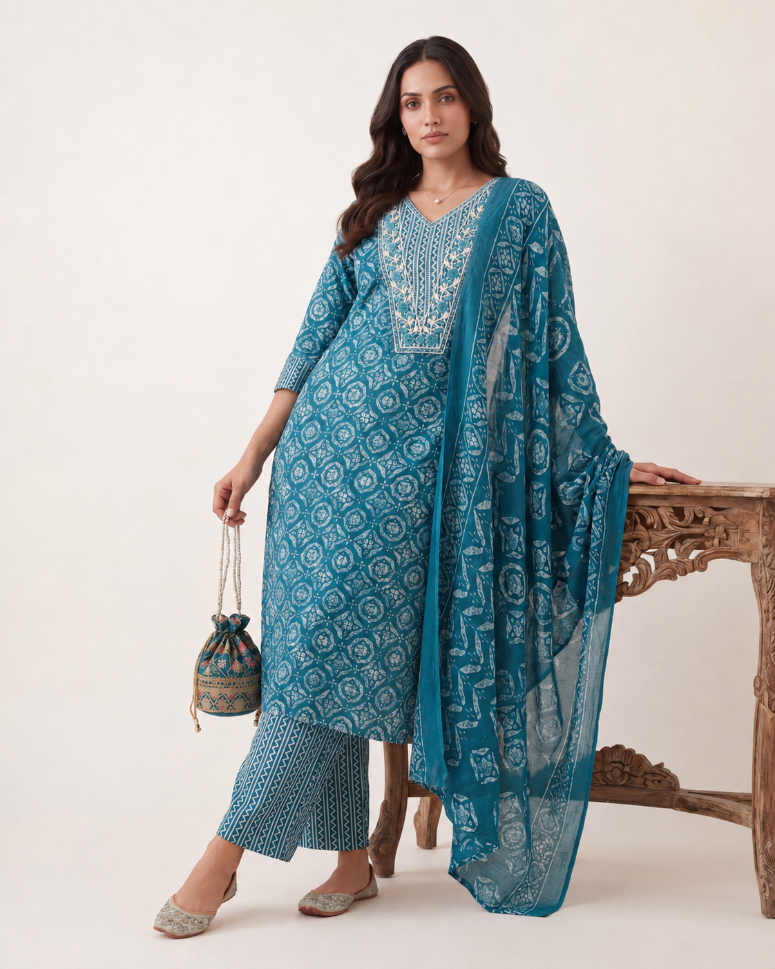 Blue Ethnic Printed Cotton Blend Straight Suit Set With Dupatta-image-4