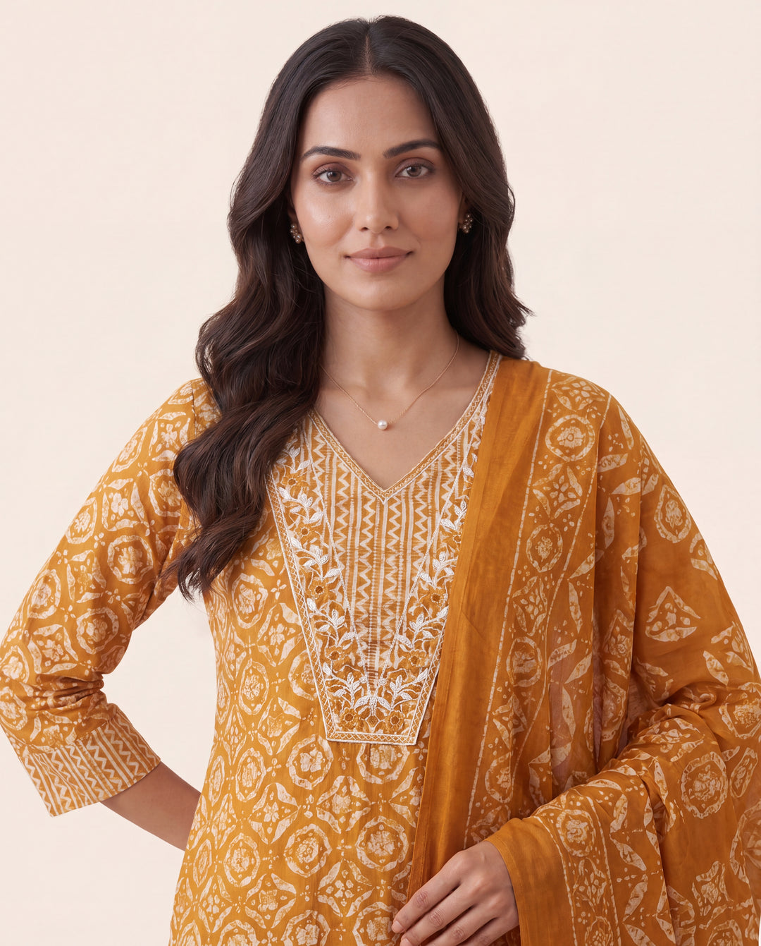  Mustard Ethnic Printed Cotton Blend Straight Suit Set With Dupatta 