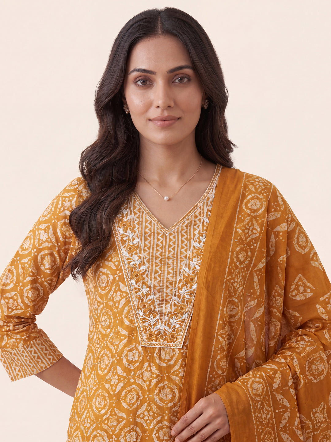  Mustard Ethnic Printed Cotton Blend Straight Suit Set With Dupatta 