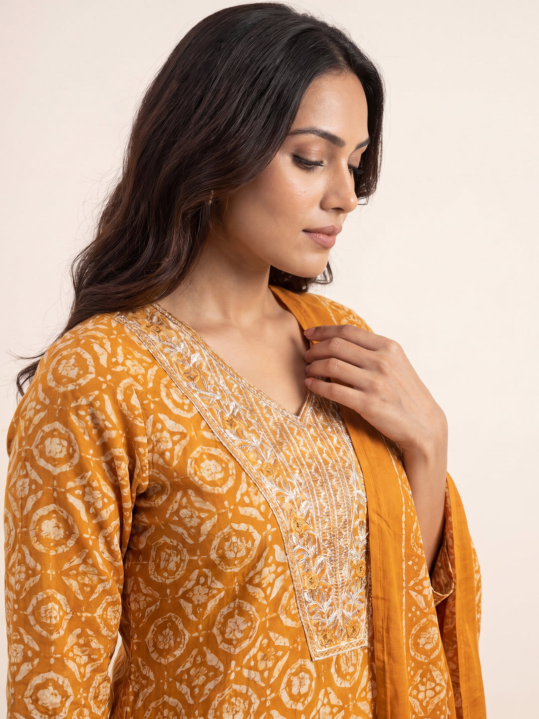  Mustard Ethnic Printed Cotton Blend Straight Suit Set With Dupatta 