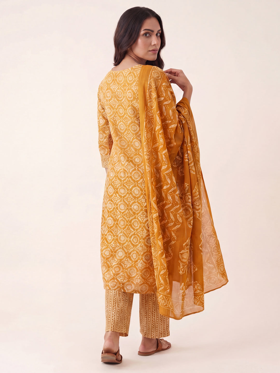  Mustard Ethnic Printed Cotton Blend Straight Suit Set With Dupatta 