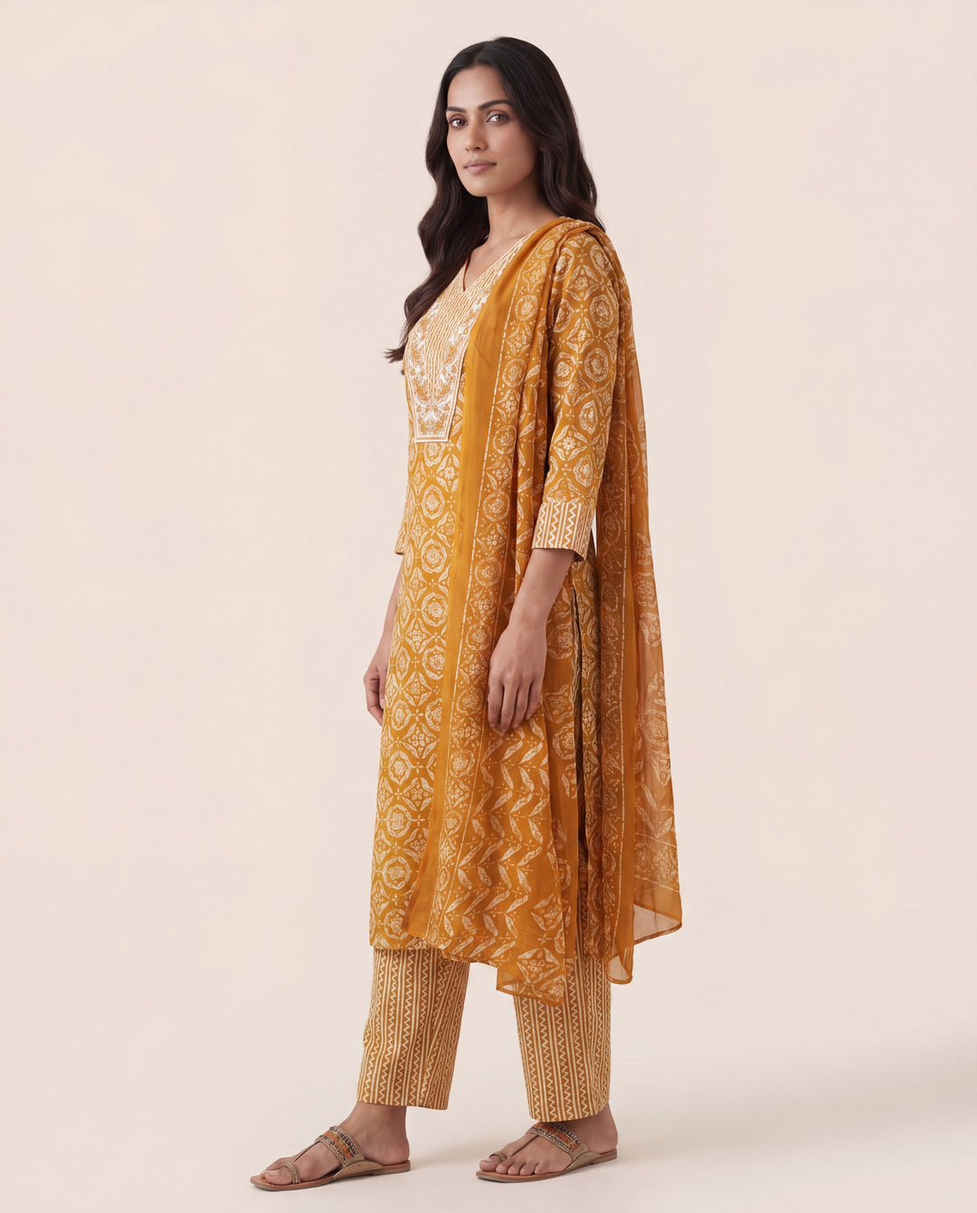  Mustard Ethnic Printed Cotton Blend Straight Suit Set With Dupatta 