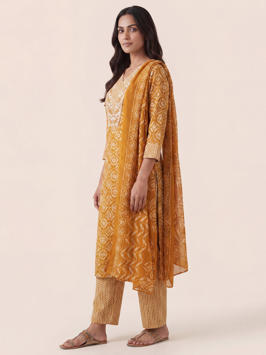  Mustard Ethnic Printed Cotton Blend Straight Suit Set With Dupatta 
