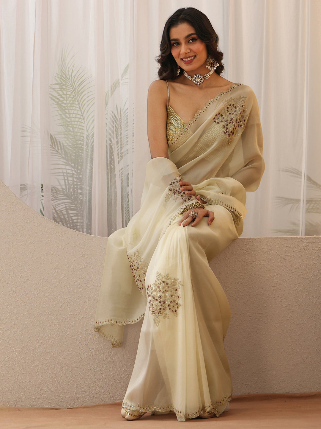  Ivory Floral Embellished Tissue Saree 