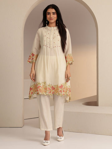 Ivory Floral Embroidered Chanderi Cotton Co-ord Set