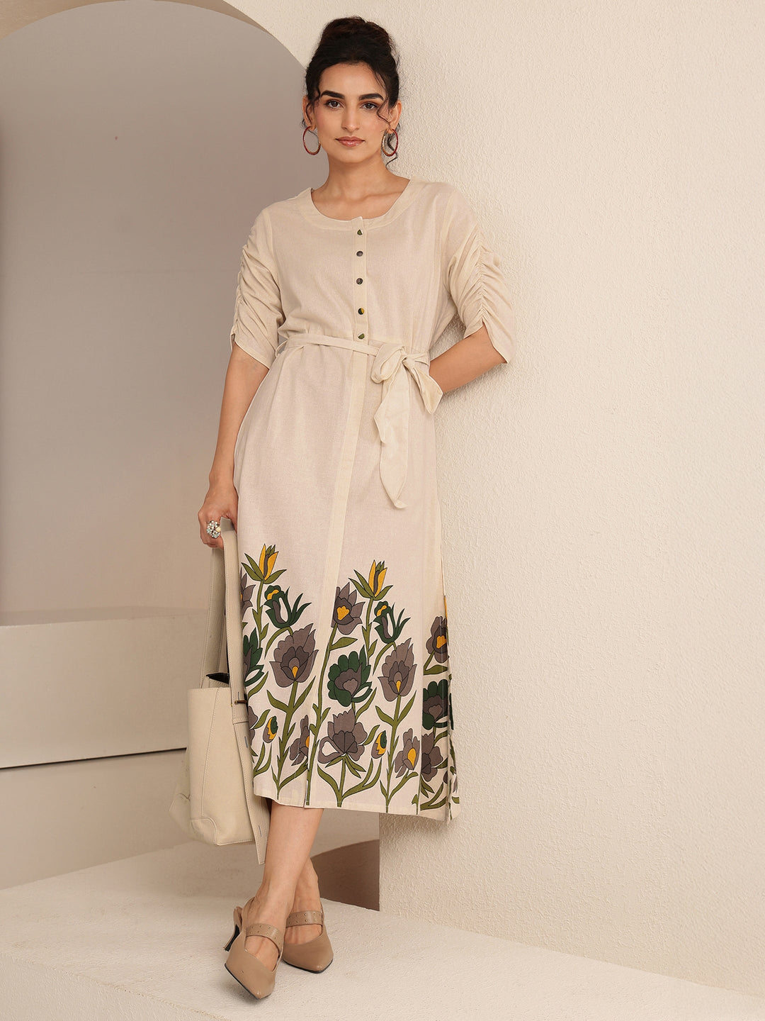  Ivory Floral Printed Cotton Blend A-Line Dress 
