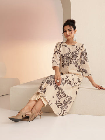 Ivory Floral Printed Cotton Blend A-Line Kurta
