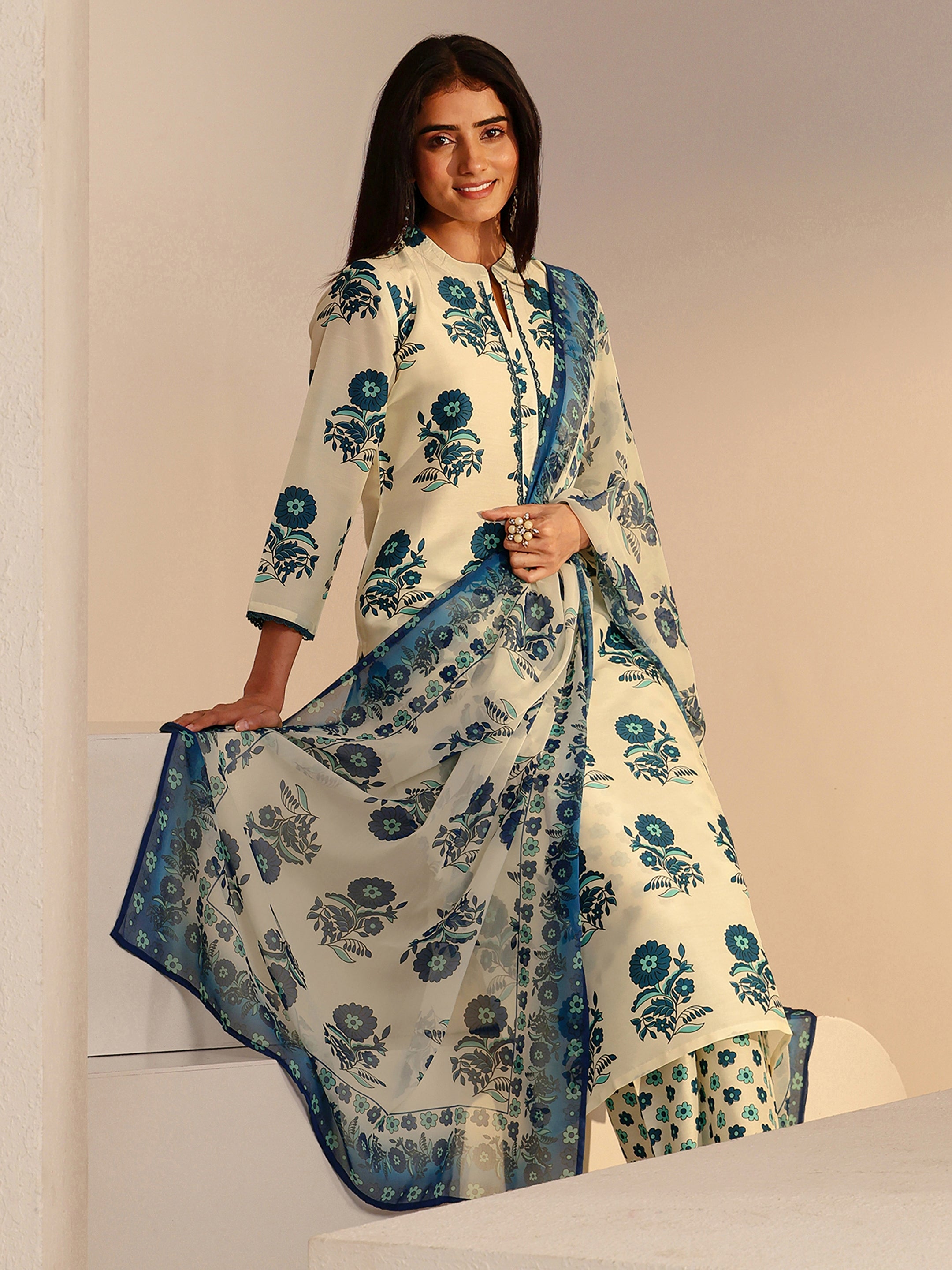 libas Ivory Floral Printed Straight Cotton Blend Suit Set-picture-62