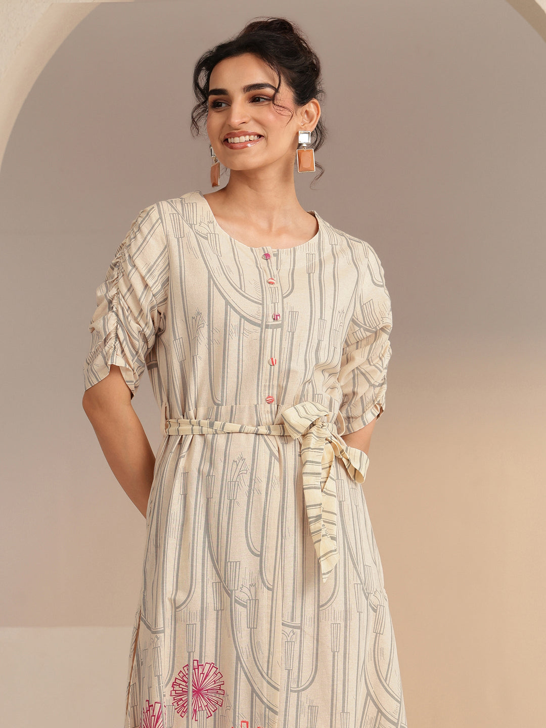  Ivory Geometric Print Cotton Midi Dress 