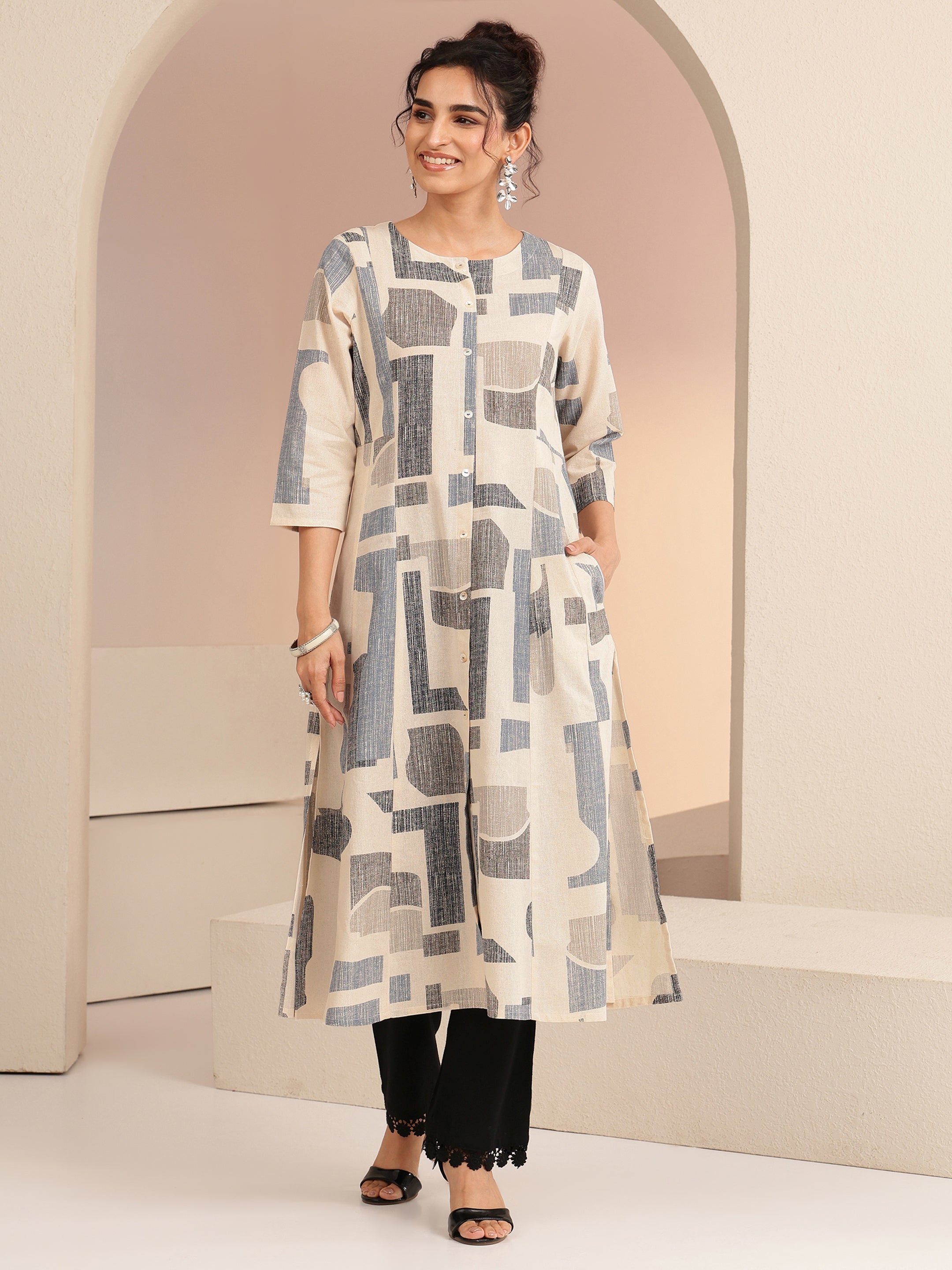 libas Ivory Geometric Print Silk Blend A-Line Kurta-picture-51