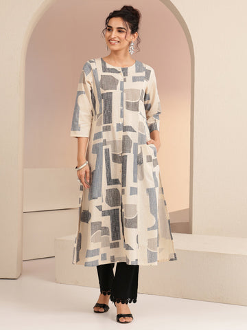 Ivory Geometric Print Silk Blend A-Line Kurta