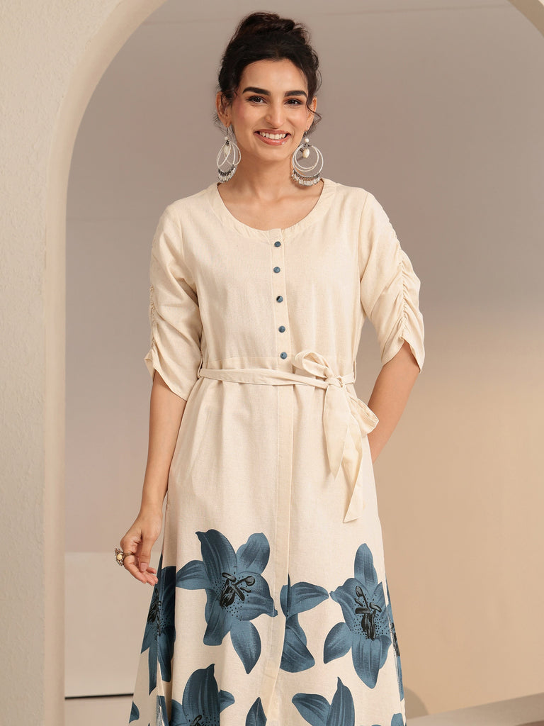 Libas Ivory and Blue Floral Printed Cotton Blend A-Line Dress
