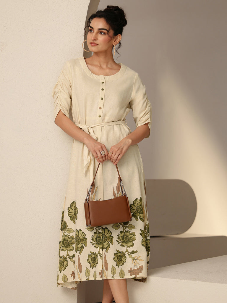 Libas Ivory and Printed Cotton Blend A-Line Dress