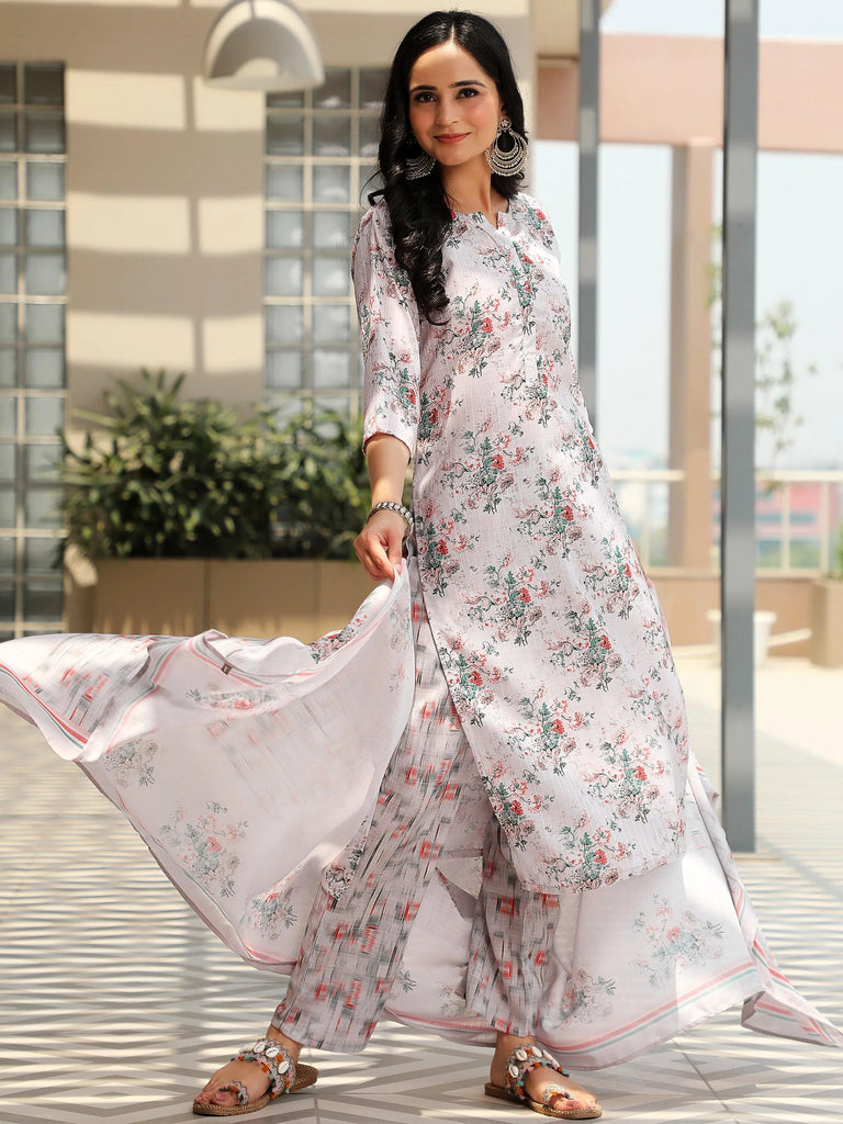 Libas Grey Printed Cotton Straight Suit With Dupatta
