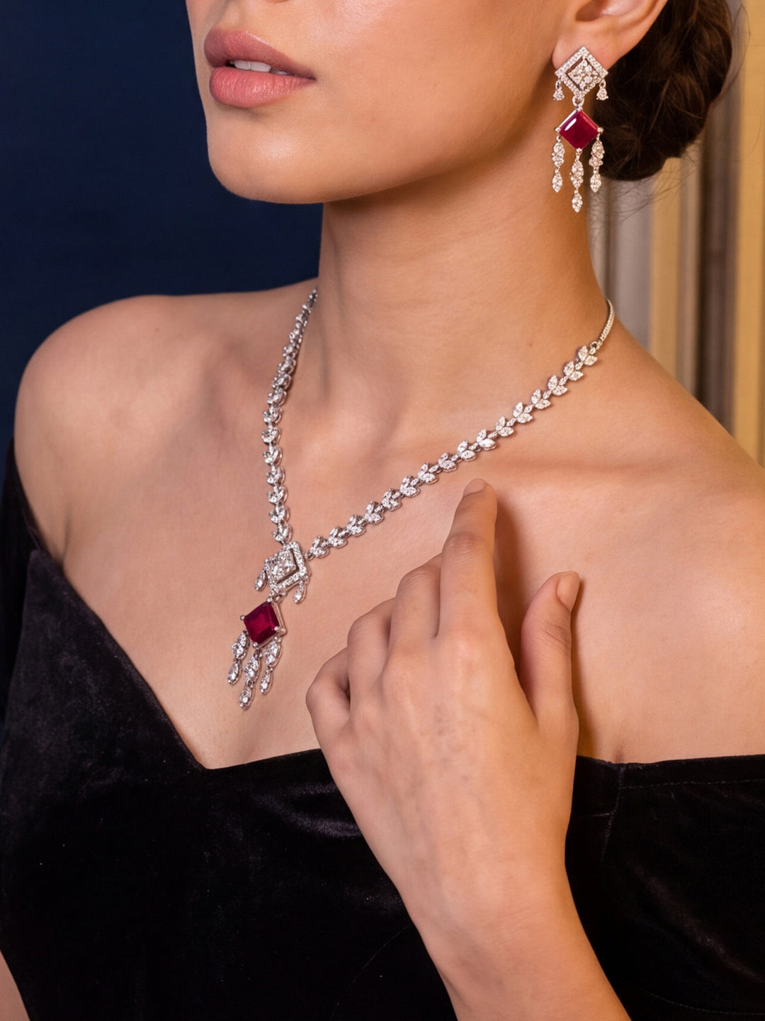  Libas Silver Plated AD Red Stone Necklace Set 