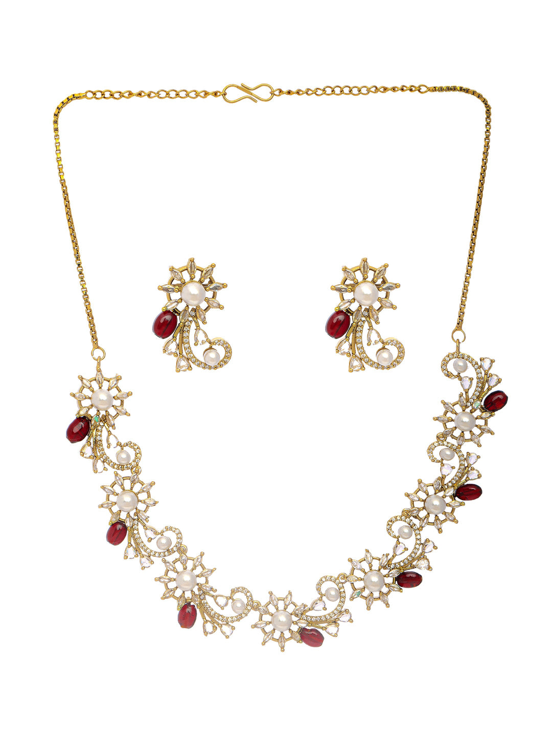  Libas Silver Plated Floral AD Red Stone Necklace Set 
