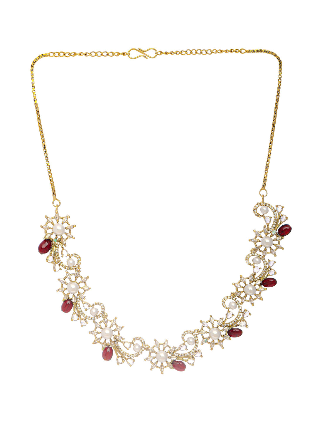  Libas Silver Plated Floral AD Red Stone Necklace Set 